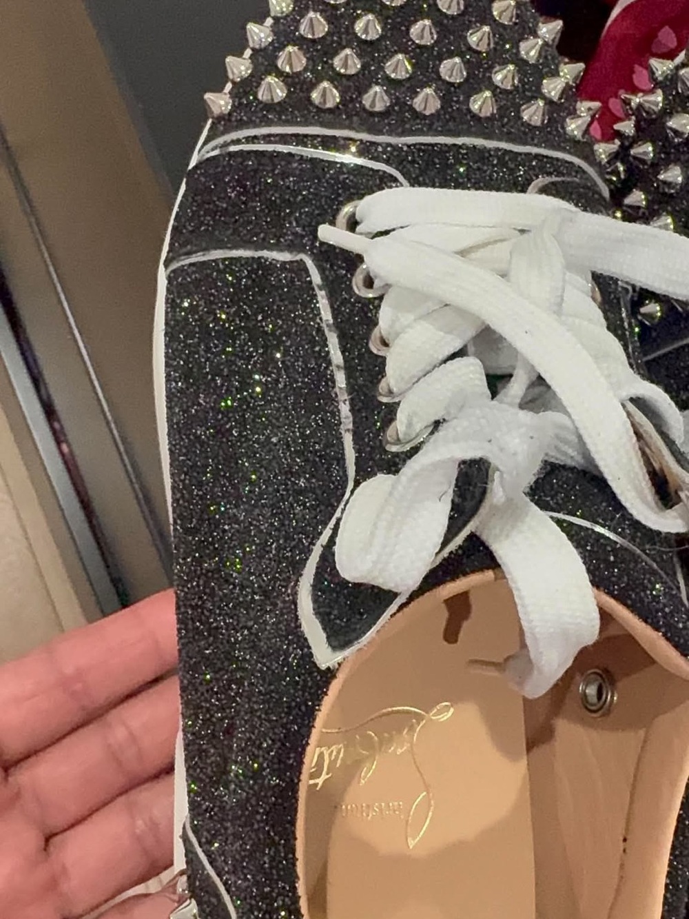 Christian Louboutin Black Glitter Lace-Up Sneakers with Silver Studs